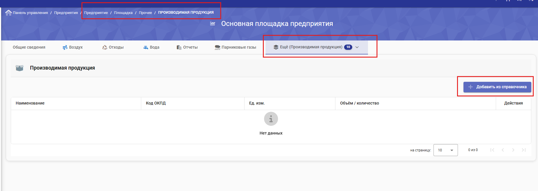Раздел Производимая продукция